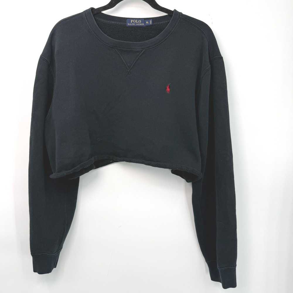 Polo Ralph Lauren Crop Crewneck Women XL Black Raw Hem Oversize Streetwear Indie